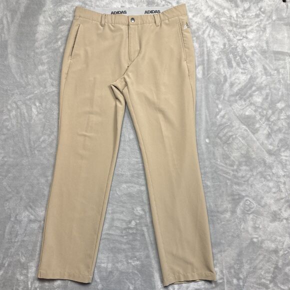 Adidas Golf Pants Mens 35x32 Stretch Three Stripe Khaki Ultimate Trousers GUC - Picture 1 of 8